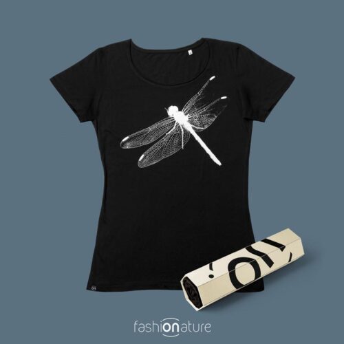Women's Dragonfly Black T-Shirt donna sagomata, con cuciture laterali. Tessuto Oeko-Tex